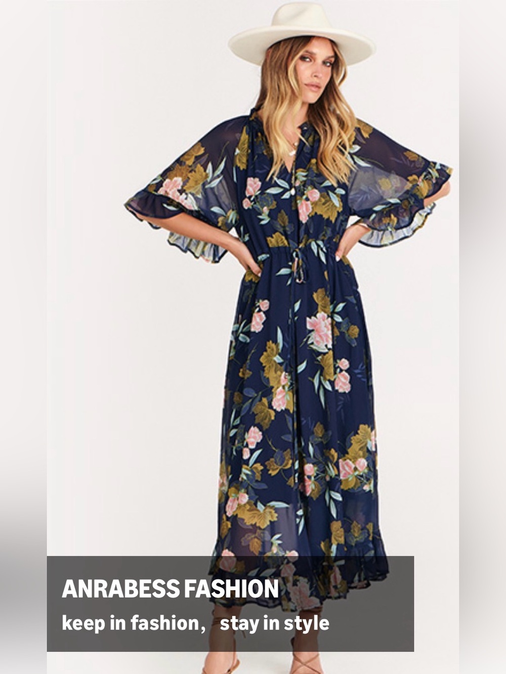 ANRABESS Navy Floral Boho Maxi Dress Large Ruffle Sleeve Tie Waist